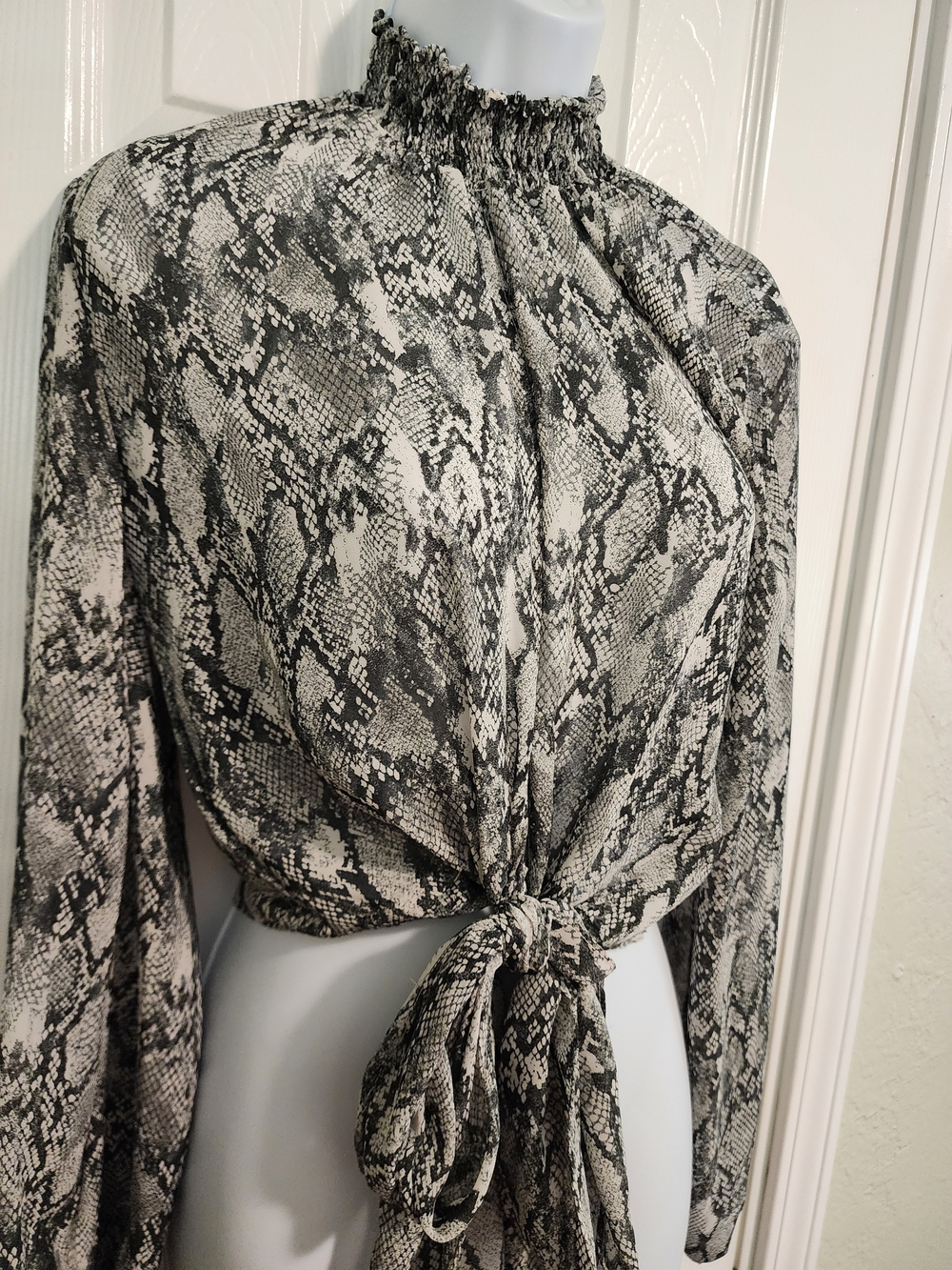 FAVLUX Black & White Snake-Print Tie-Front Blouse